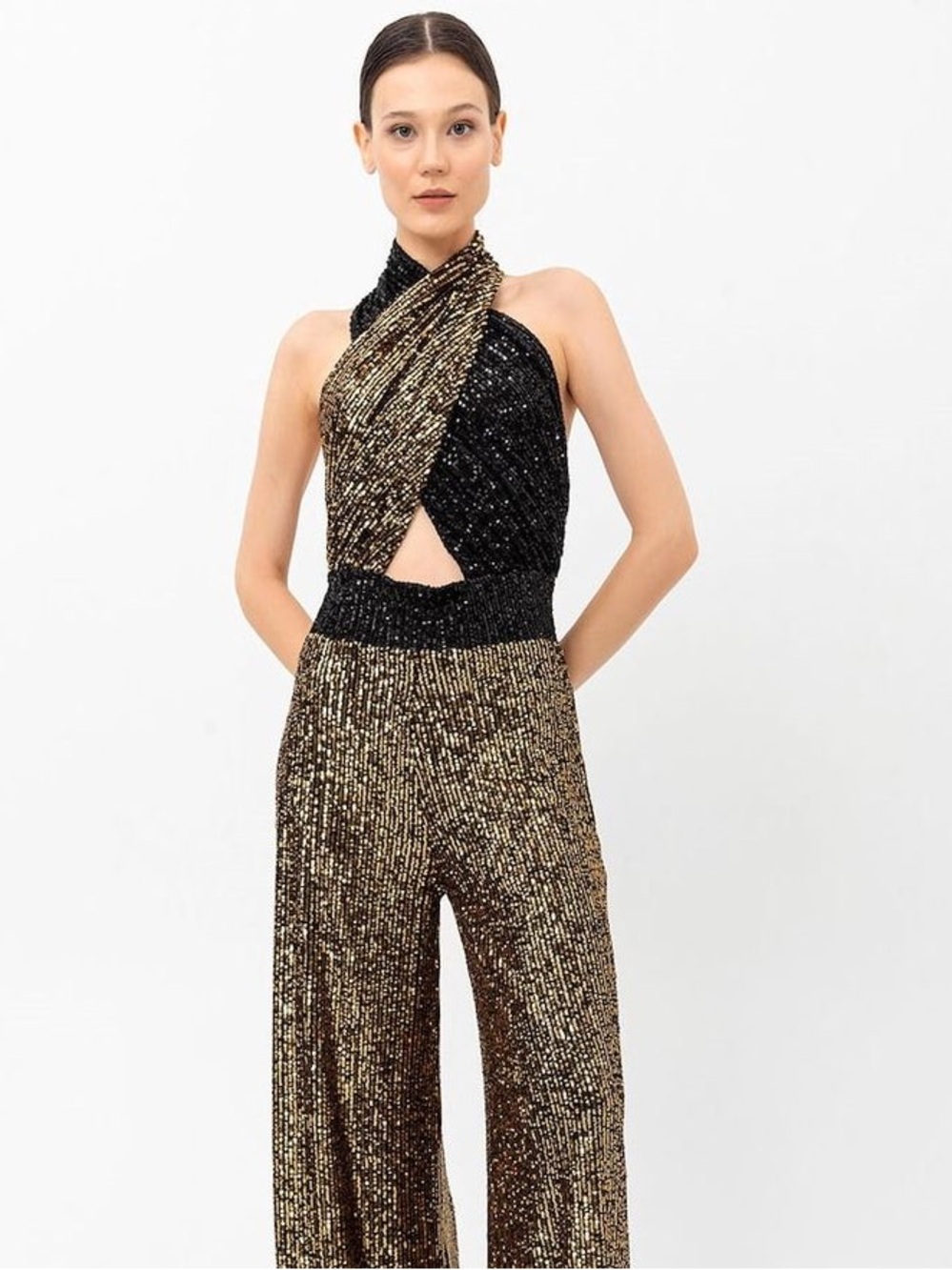 Sequin Halter Jumpsuit in Black and Gold